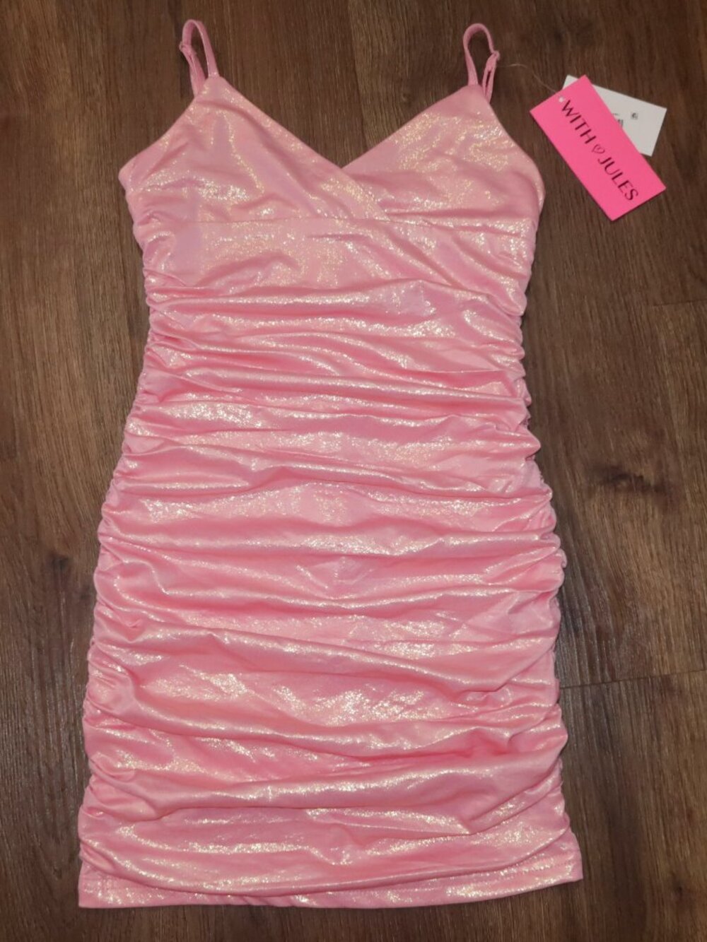 NWT Girls With Jules Metallic Ruched Mini Dress Pastel Pink Party Dance S 8/10